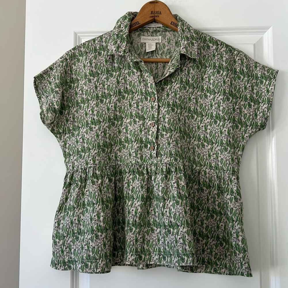 Cynthia Rowley Botanic Print Linen Babydoll Peplum Blouse Size XS w MEASUREMENTS